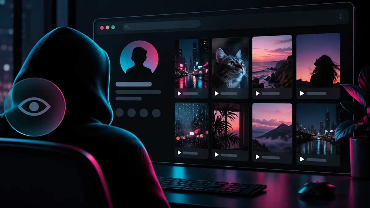 Anonymous visitor browsing public short video cards on a desktop screen Anonymous visitor browsing public short video cards on a desktop screen
