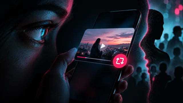 Person viewing a reposted phone video beside anonymous audience silhouettes