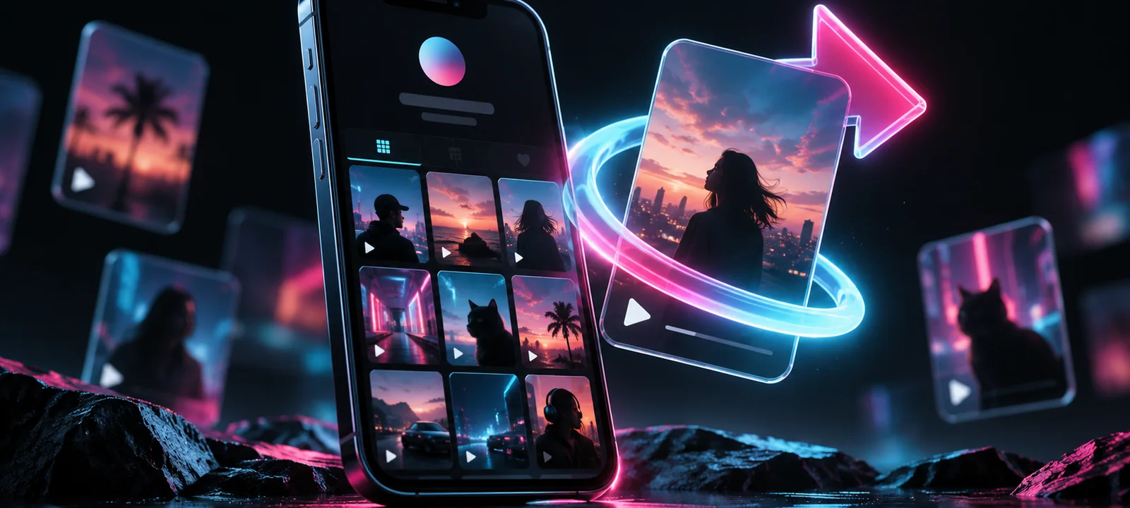 Illustration of a phone profile and a video card surrounded by a repost arrow Illustration of a phone profile and a video card surrounded by a repost arrow