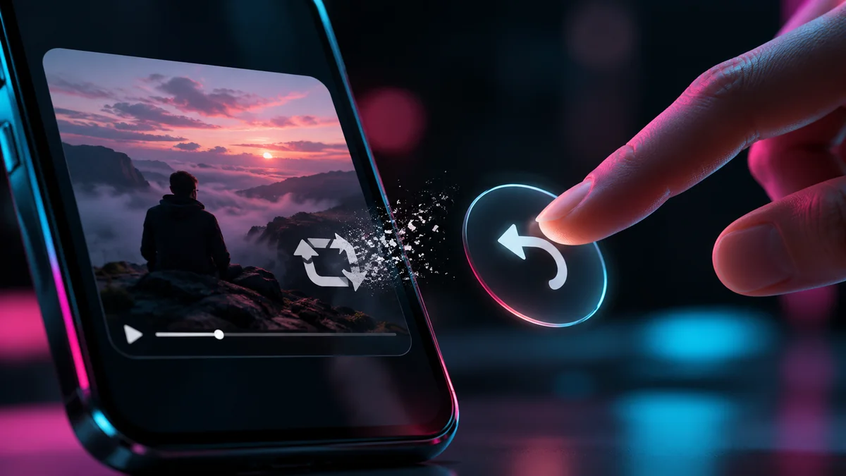 Finger selecting an undo symbol beside a reposted phone video Finger selecting an undo symbol beside a reposted phone video