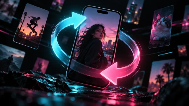 Phone video surrounded by two glowing arrows illustrating how reposting works