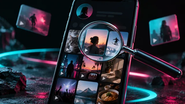 Magnifying glass over a grid of reposted videos on a phone profile