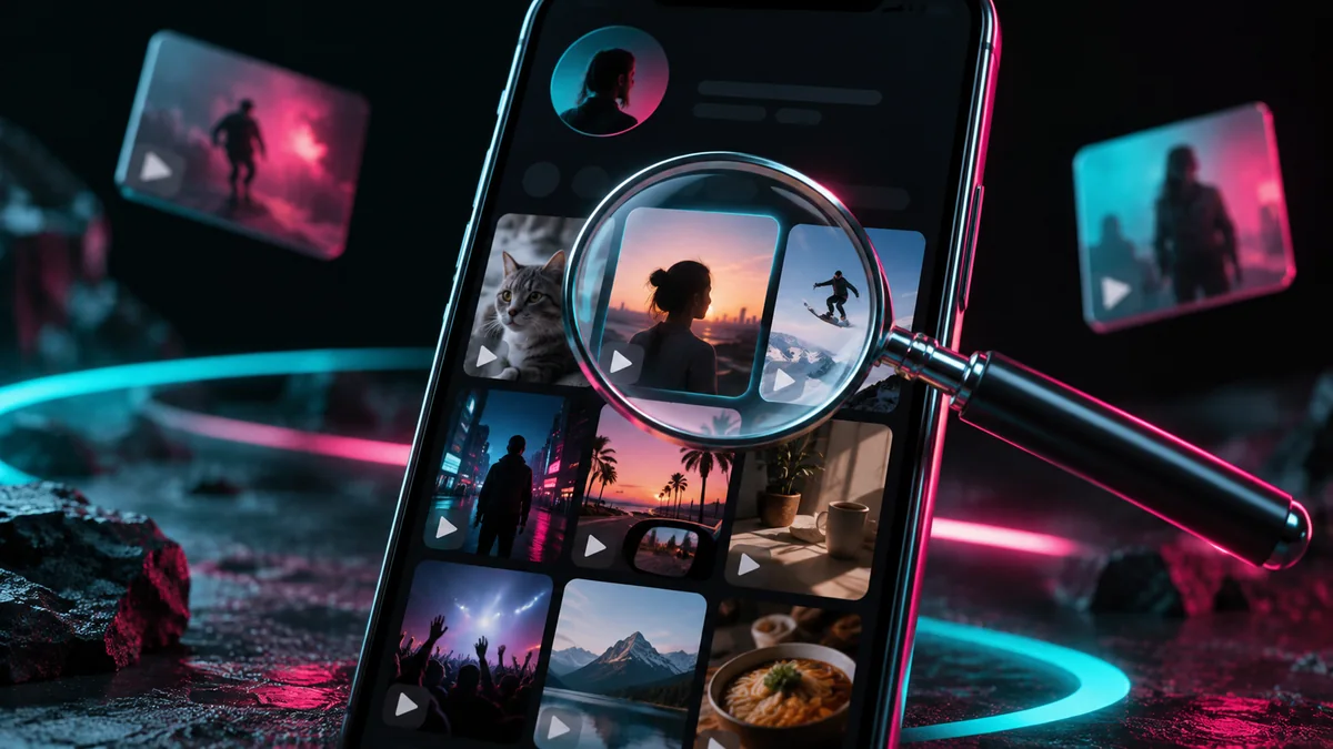 Magnifying glass over a grid of reposted videos on a phone profile Magnifying glass over a grid of reposted videos on a phone profile