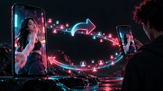 Two phones and glowing audience symbols illustrating views on a reposted video