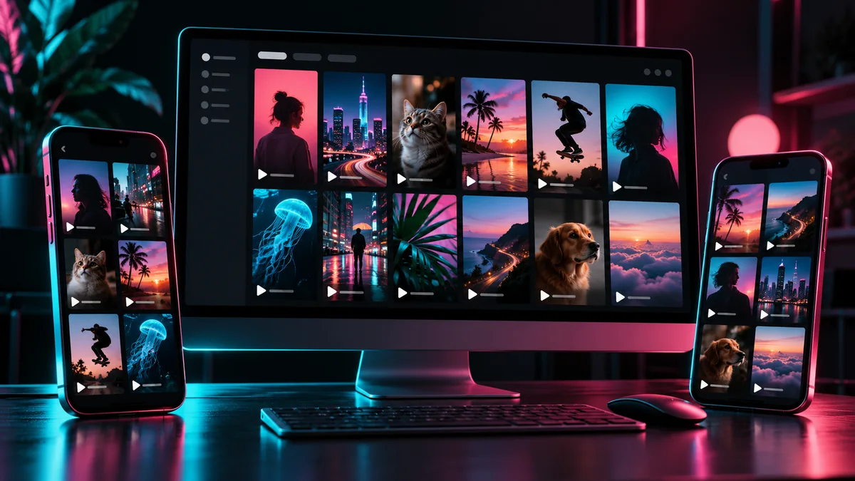 Short video grids displayed on a desktop monitor and two phones Short video grids displayed on a desktop monitor and two phones