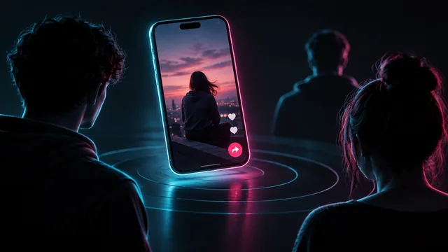 People looking toward a shared video on a phone